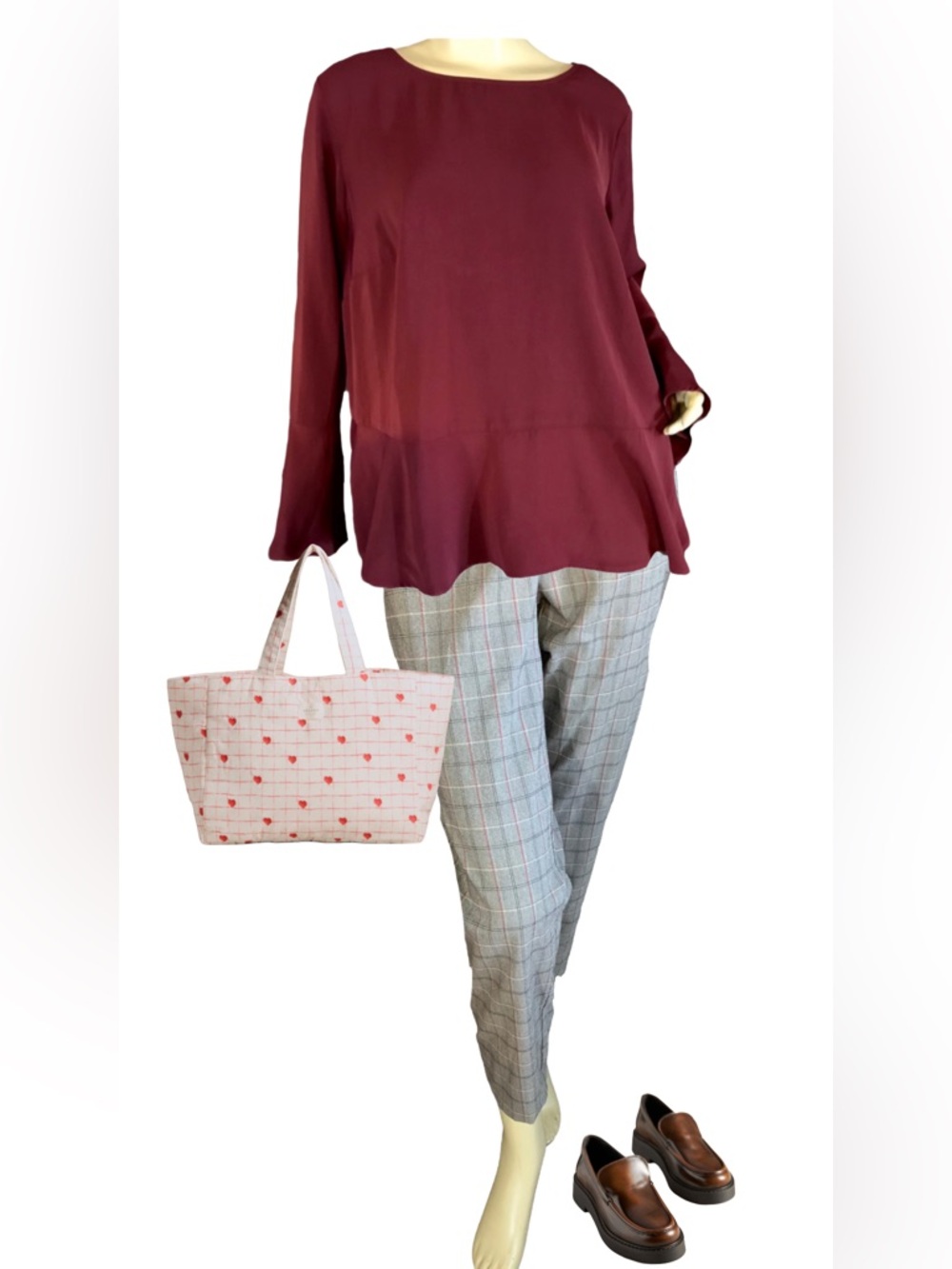 OPHELIA ROW BROWN & MAROON PLAID PRINT CROPPED, STRAIGHT LEG STRETCH PANTS (2X)
